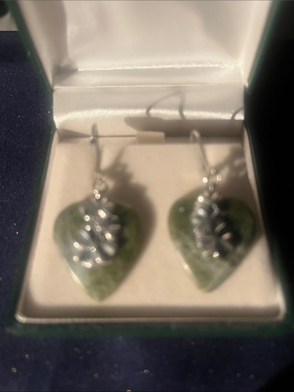 Beautiful Irish Connemara Jade and Sterling Heart Shaped Drop Earrings
